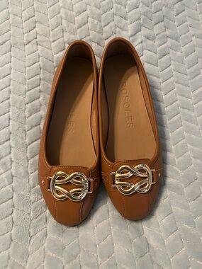AEROSOLES Cognac Leather Flats with Gold Knot Accent
